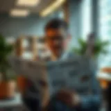 A person reading the Wall Street Journal in a modern office environment