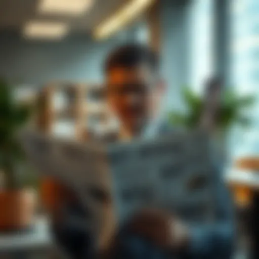 A person reading the Wall Street Journal in a modern office environment