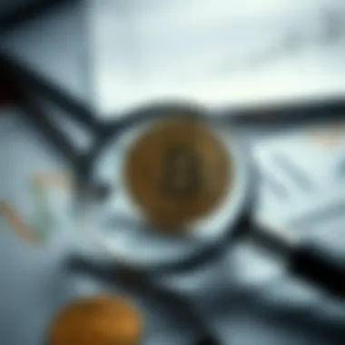 An illustration of a magnifying glass over cryptocurrency research materials