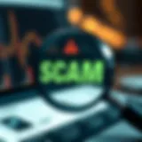 Visual representation of a scam website warning with a magnifying glass