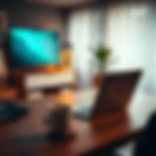 A serene home office setup with a laptop and coffee