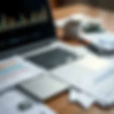 Financial Documents and Laptop Setup A close-up of a laptop keyboard with notes and financial documents surrounding it
