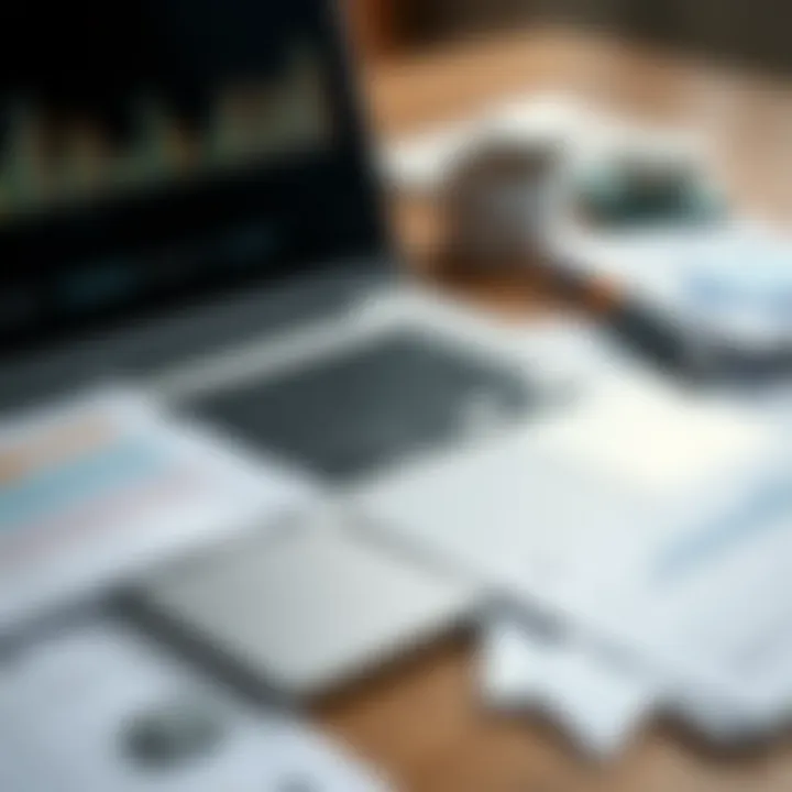 Financial Documents and Laptop Setup A close-up of a laptop keyboard with notes and financial documents surrounding it