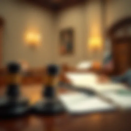 Legal documents and courtroom setting