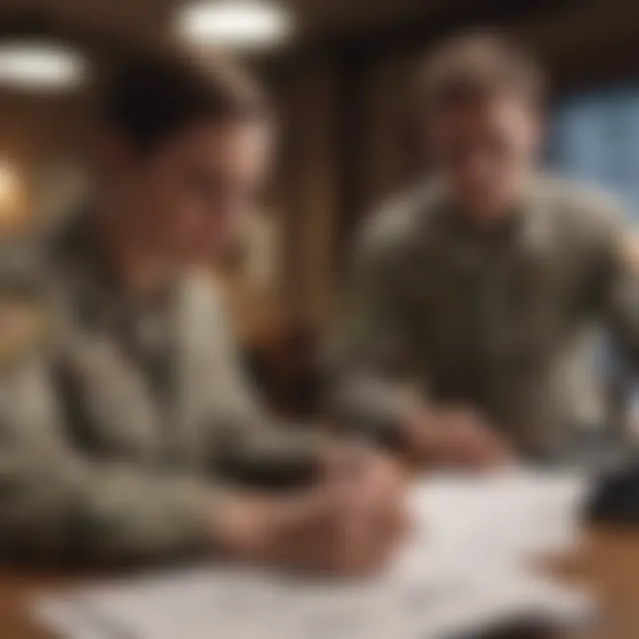 Military personnel reviewing financial documents