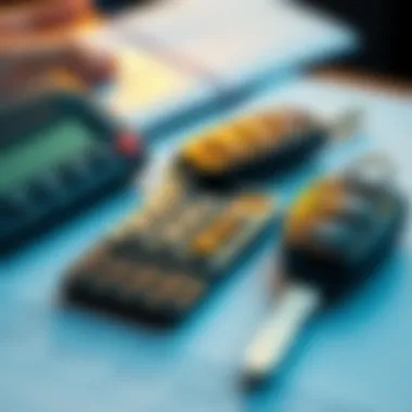 Calculator with car keys and documents