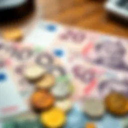 French currency notes and coins laid out for conversion analysis