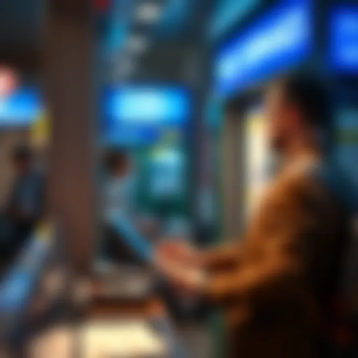 Currency Conversion for Travelers Traveler managing currency conversion at a foreign exchange booth